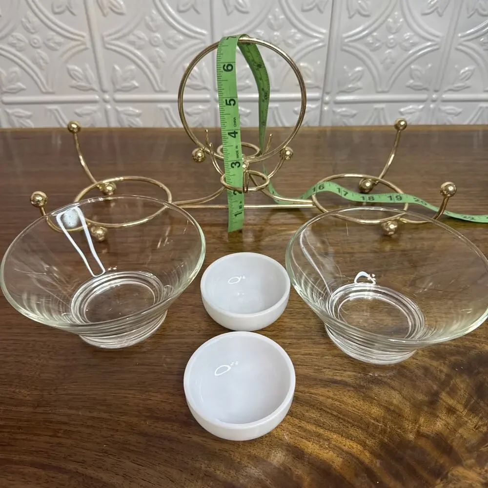 Vintage Libbey MCM Glass Gold Relish Condiment 4 Bowl Set Metal Gold tone Caddy